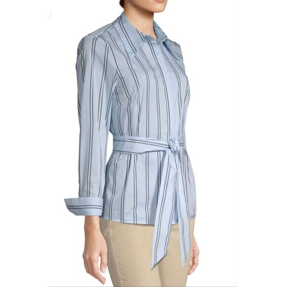 Worthington Womens Blue Striped Tie Waist Blouse Size Small - Picture 2 of 10